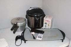 Variety of Kitchen Items: Cuisinart Pressure Cooker, Bella Electric Flat Skillet, Hamilton Beech Grinder, & Maid of Honor Pressure Cooker