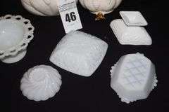 Variety of Milk Glass/Ceramic items; Pedestal Bowl, Lace Edge Candy Dish, Wall Décor 2 piece Urn, etc.