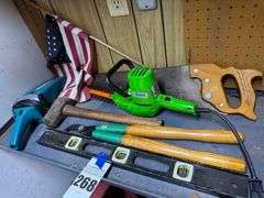 Assorted Tools Including Sears Hedge Trimmer, Hand Saw, Hammer, Level, and Shears