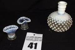 3 Fenton Opalescent Items: Milk Glass Hobnail Vase, 2 Miniature French Vases (fan & ruffled edge)