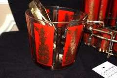Vintage MCM Culver Red Gold Siam Thai Goddess Bar caddy with 6 High Ball Glasses, 5 Shot Glasses Ice Bucket & ice tongs