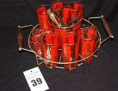 Vintage MCM Culver Red Gold Siam Thai Goddess Bar caddy with 6 High Ball Glasses, 5 Shot Glasses Ice Bucket & ice tongs