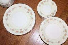 Set of "Georgian" Homer Laughlin China (eggshell with gold trim): 8 dinner plates, 8 dessert plates, 8 bowls, 8 cups, 8 saucers, serving platter, serving bowl, creamer& sugar bowl