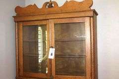 Antique Wood Secretary Desk with Top Glass Doors and inside shelves - Fold down Desk with inside cubbies and space - 3 Bottom Drawers     84"x40"x 17" closed  ( 30" open)                        **Buyer need to bring help to remove
