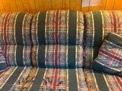 Upholstered Plaid Three-Seat Sofa with Throw Pillows