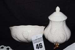 Variety of Milk Glass/Ceramic items; Pedestal Bowl, Lace Edge Candy Dish, Wall Décor 2 piece Urn, etc.