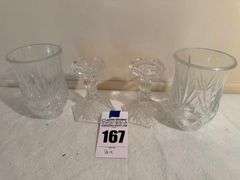 Pair of Elegant Cut Crystal Candle Holders / Hurricane Shades