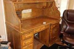 Wood Roll Top Desk (53"x53"x30") with Cubbies & drawers, drawers, slid out key board drawer, side door with drawers inside, Desk Chair (42"x27"x21") & Plastic floor protector Mat