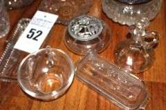 Variety of Glass Serving items (some vintage): bowls, butter dish, Creamer, Sugar Bowl, Pitcher, Glass funnel, potpourri bowls etc.