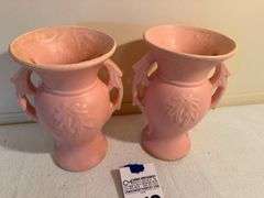 Pair of McCoy Pink Vases with Leaf Design