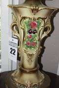 Vintage Victorian Porcelain "Corday" Style Table Lamp with Flowers (gold tone trim)  with shade         35"x14"                                     **Matches Lot #21