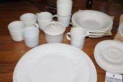 Gibson Dishware & a few similar Newcor White dishes: 3 dinner plates, platter, 4 bowls, 3 pate, 6 mugs, butter dish, gravy bowl with plate, creamer etc.