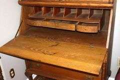Antique Wood Secretary Desk with Top Glass Doors and inside shelves - Fold down Desk with inside cubbies and space - 3 Bottom Drawers     84"x40"x 17" closed  ( 30" open)                        **Buyer need to bring help to remove