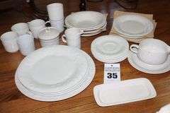 Gibson Dishware & a few similar Newcor White dishes: 3 dinner plates, platter, 4 bowls, 3 pate, 6 mugs, butter dish, gravy bowl with plate, creamer etc.