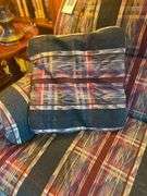 Upholstered Plaid Three-Seat Sofa with Throw Pillows