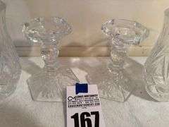 Pair of Elegant Cut Crystal Candle Holders / Hurricane Shades