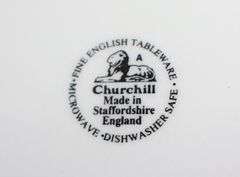 Churchill Staffordshire England "Blue Willow" design: 14 dinner plates, 5 salad bowls, 5 dessert bowls, 6 dessert plates, 14 cups, 15 saucers,2 serving bowls, platter, gravy creamer with plate