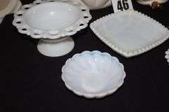 Variety of Milk Glass/Ceramic items; Pedestal Bowl, Lace Edge Candy Dish, Wall Décor 2 piece Urn, etc.