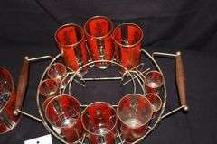 Vintage MCM Culver Red Gold Siam Thai Goddess Bar caddy with 6 High Ball Glasses, 5 Shot Glasses Ice Bucket & ice tongs