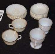 Vintage Fire King By Anchor Hocking - Partial set of white swirl gold trimmed dishes - 3 serving bowls, 3 dinner plates 4 saucers, 2 cups, 6 dessert bowls, creamer & sugar bowl