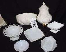 Variety of Milk Glass/Ceramic items; Pedestal Bowl, Lace Edge Candy Dish, Wall Décor 2 piece Urn, etc.