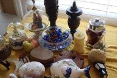 Variety of Decorative Items: Fruit, Mirrored Displays, Candle Stands, Water Globes etc.