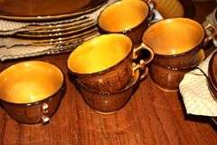Set of Vernon Ware by Metlox "San Ferando" - hand painted: 8 dinner plates, 5 bowls, 5 plate, 6 saucers, 7 cups (one handle has been glued) oval serving bowls and round serving bowl