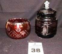 2 Vintage Czech Ruby Red Cut to Clear Glass: Bowl & Lidded Candy Dish