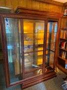 Wooden Display Cabinet with Glass Shelves, Lights, and Sliding Door