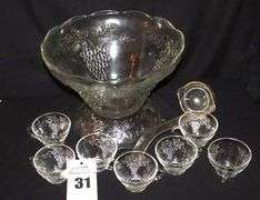 Vintage Grape Design Punch Bowl with Pedestal, 7 cups and plastic ladle