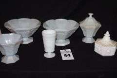 Variety of Grape Vine Design Milk Glass items: 3 Pedestal Fruit Bowls, Vase, 2 Lidded candy dishes/bowls