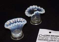 3 Fenton Opalescent Items: Milk Glass Hobnail Vase, 2 Miniature French Vases (fan & ruffled edge)