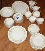 Set of "Georgian" Homer Laughlin China (eggshell with gold trim): 8 dinner plates, 8 dessert plates, 8 bowls, 8 cups, 8 saucers, serving platter, serving bowl, creamer& sugar bowl