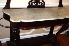 Vintage Marble Top Wood Hall Tree with 9 hooks & oval Mirror with bottom shelf    78"x48"x18"                      **Buyer bring help to remove