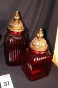 2 Red Glass Canisters with Lids and 4 Ruby Red Wine Glasses with Bubble stems
