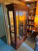 Wooden Display Cabinet with Glass Shelves, Lights, and Sliding Door