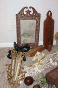 Variety of Decorative Items; Wood Display, Plastic Ceramic (Plant stand, Candle holders, Mirror, etc.)