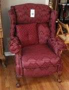 Burgundy Cloth Covered Wing Back Arm Chair that Reclines     41"x33"x21"   40" reclined                       **Matches Lot #315