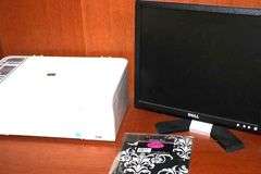 Wood Desk (58"x43.5"x19.5" with Shelves, door, keyboard pull down, Dell Monitor, HP Printer, Shredder, Rolling Office Chair  42"x25"x17" & Plastic Carpet Protector