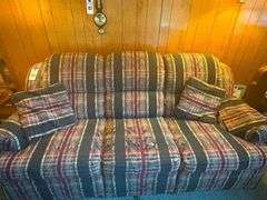Upholstered Plaid Three-Seat Sofa with Throw Pillows