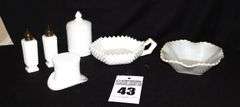 Fenton Milk Glass Hobnail Top Hat, Vintage Milk Glass Salt & Pepper set, Westmoreland Diamond Point Glass bowl with lid, Milk Glass Diamond Point Dish, & Westmoreland Milk Glass Candy Dish with handle