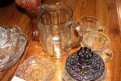 Variety of Glass Serving items (some vintage): bowls, butter dish, Creamer, Sugar Bowl, Pitcher, Glass funnel, potpourri bowls etc.