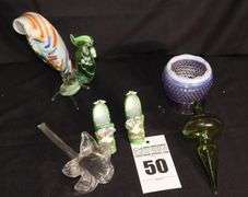 Variety of Glass items: Vintage Hand Blown Murano Rooster  (8"), Clear glass Lily Vase, 2 Porcelain Slippers, Handblown Green Ornament, Westmoreland Hobnail Lilac Opalescent Vase, Glow Ball Candle Holder Art Glass