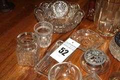 Variety of Glass Serving items (some vintage): bowls, butter dish, Creamer, Sugar Bowl, Pitcher, Glass funnel, potpourri bowls etc.