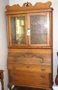 Antique Wood Secretary Desk with Top Glass Doors and inside shelves - Fold down Desk with inside cubbies and space - 3 Bottom Drawers     84"x40"x 17" closed  ( 30" open)                        **Buyer need to bring help to remove