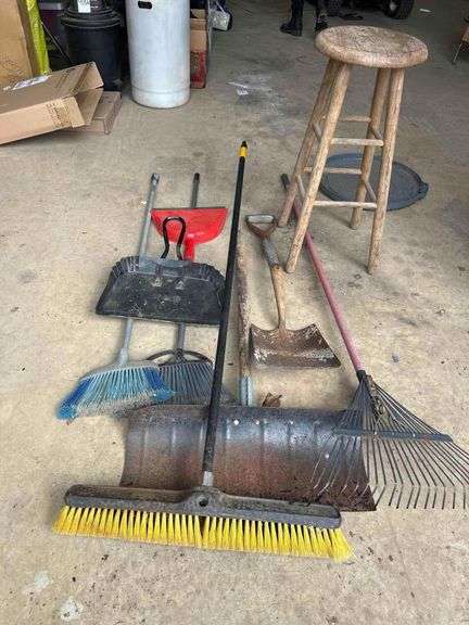 Yard Tools, Brooms And Wooden Stool