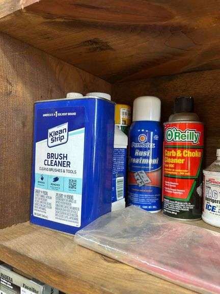 Salvage Lot- Middle Shelf- Stains, Paint, Cleaners Ect,-Bring Box