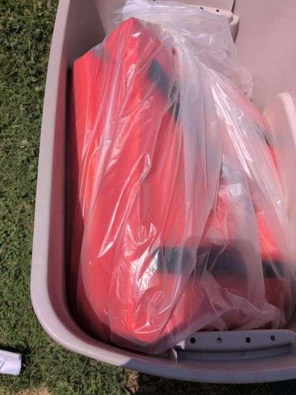 2 Totes - 2 Life Vests,Hose and Misc Camping Equipment