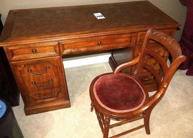 Wood Desk (29"x54"x24") with 7 drawers & Small Wood Vintage Chair (32"x17"x17") - all items in drawers included image