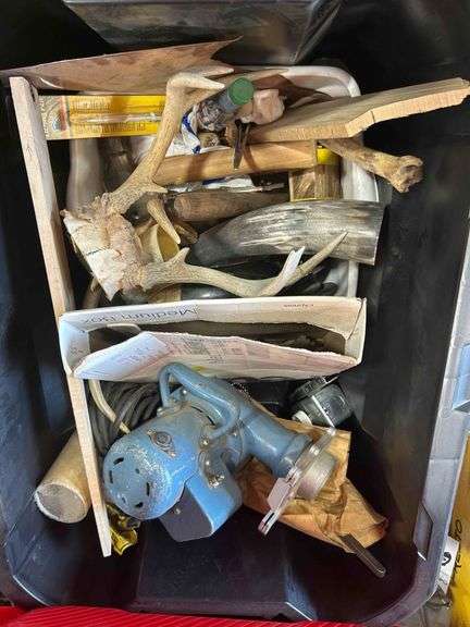 Tote of Antlers, Tools Antique Centrifugal Pump , Etc